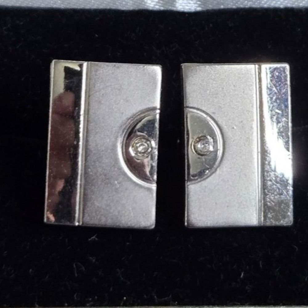 Vintage Men's Silver Tone Rectangular Cufflinks Clear Stone Accents